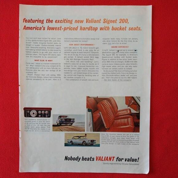 Chrysler Valiant for '62‎ Signet 200 Auto - 2pg 21x13 Vtg 1961 PRINT AD Ephemera - Picture 7 of 12